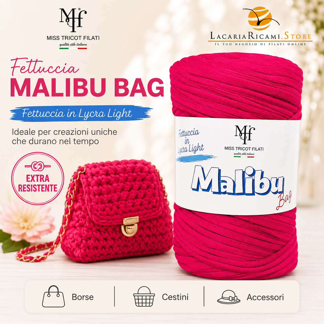 LacariaRicami.Store Facebook ad: Fettuccia Lycra Malibu Bag Miss Tricot: morbida, scorrevole…