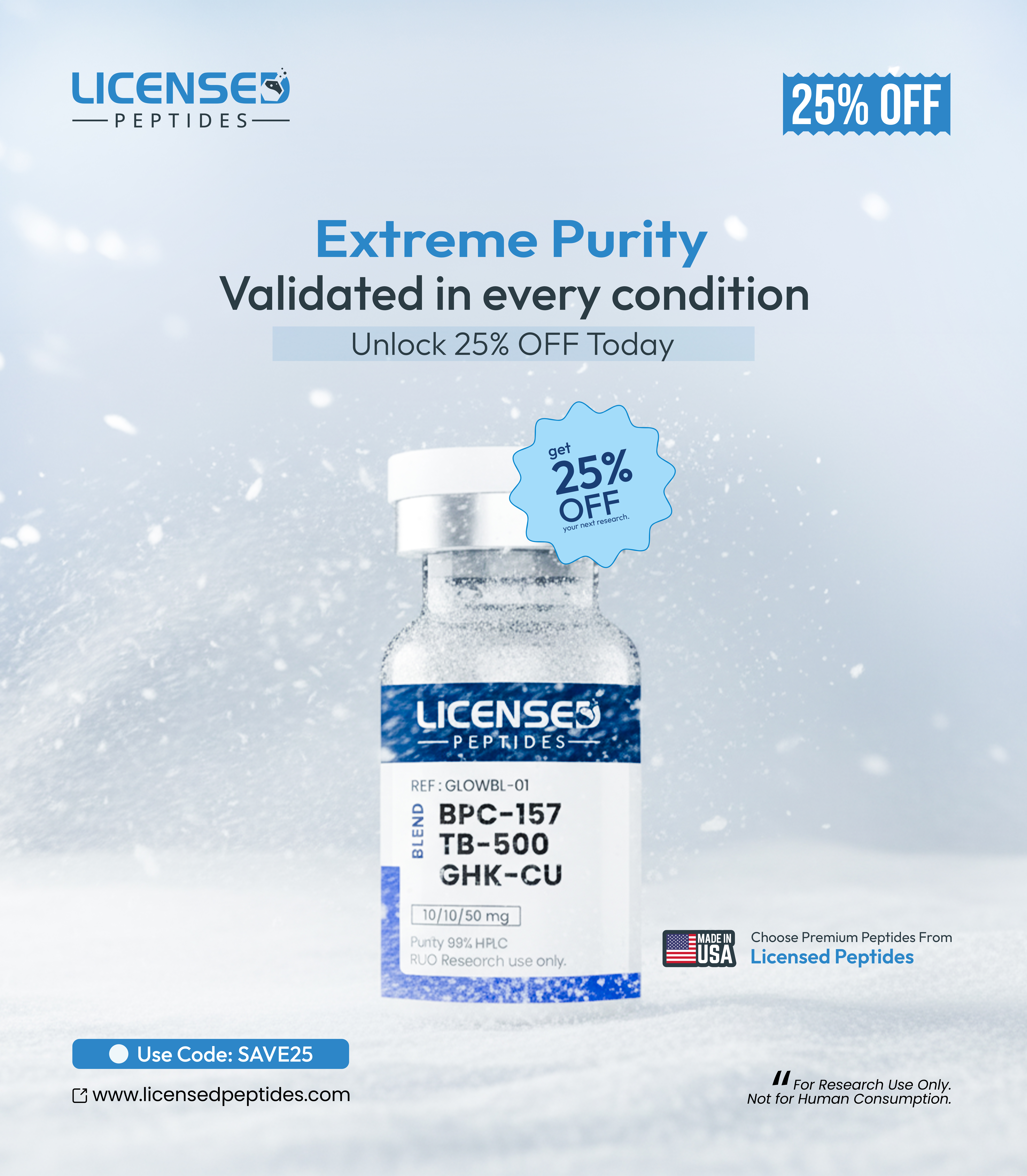LicensedPeptides.com Facebook ad: 25% OFF Sale Ends Soon