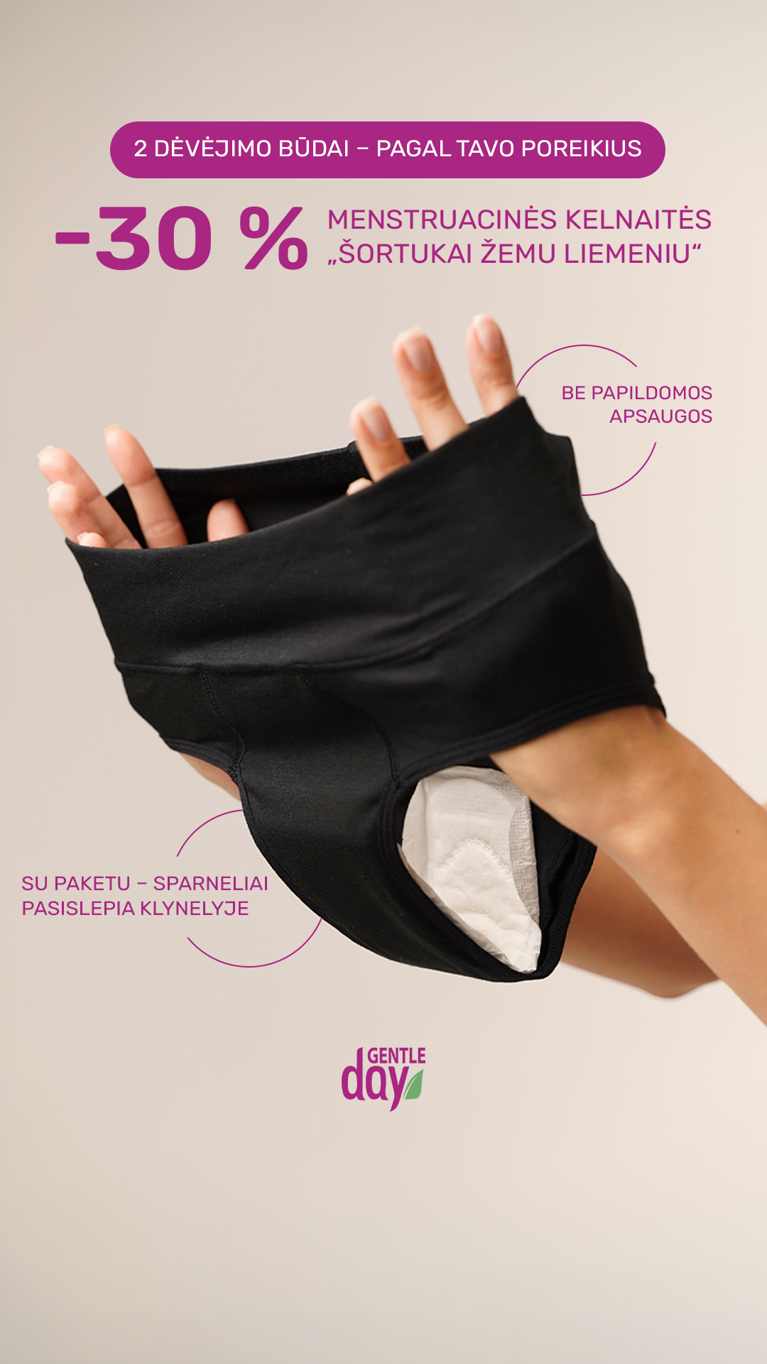 Gentle Day Facebook ad: -30 % menstruacinėms kelnaitėms