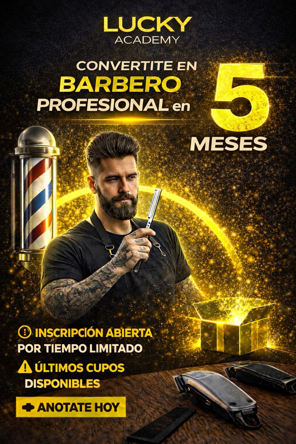 Lucky Academy Facebook ad: Curso de BARBERÍA