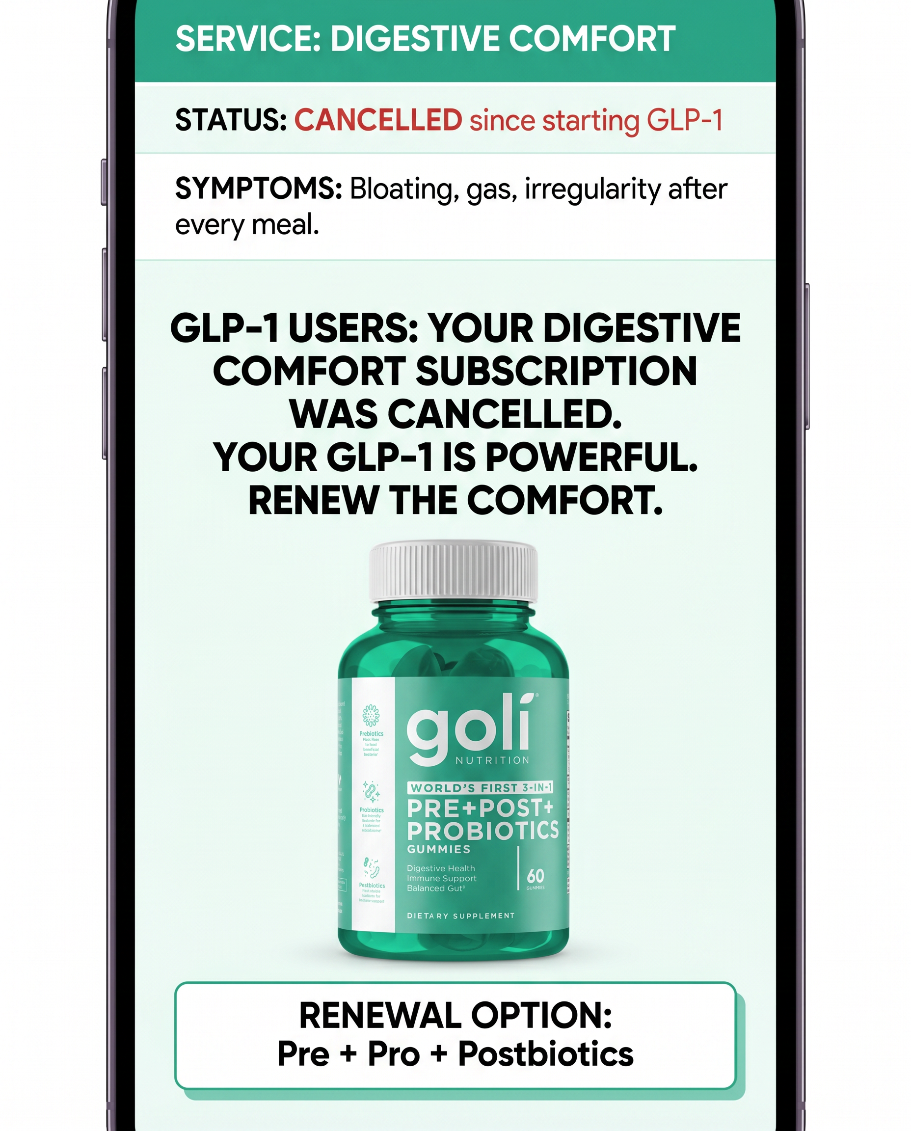 Goli Facebook ad: On a GLP-1? Your Gut’s Adjusting Too