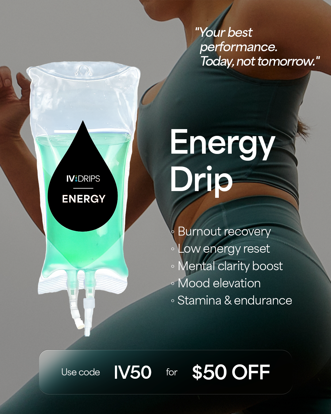 IVDRIPS Facebook ad: $50 off your next IV drip. Use code IV50.