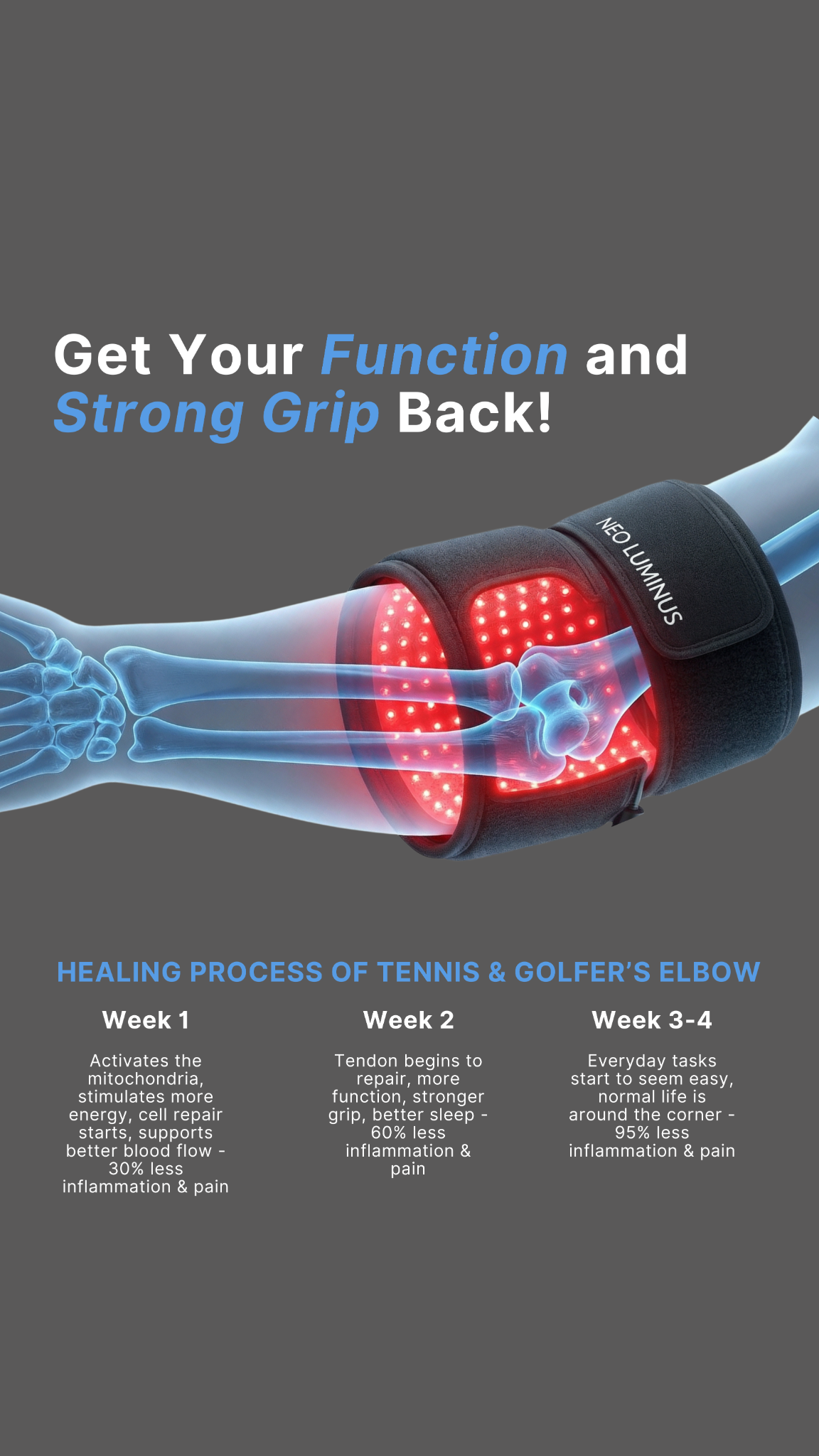 Neo Luminus Facebook ad: The right solution for tennis elbow is here!