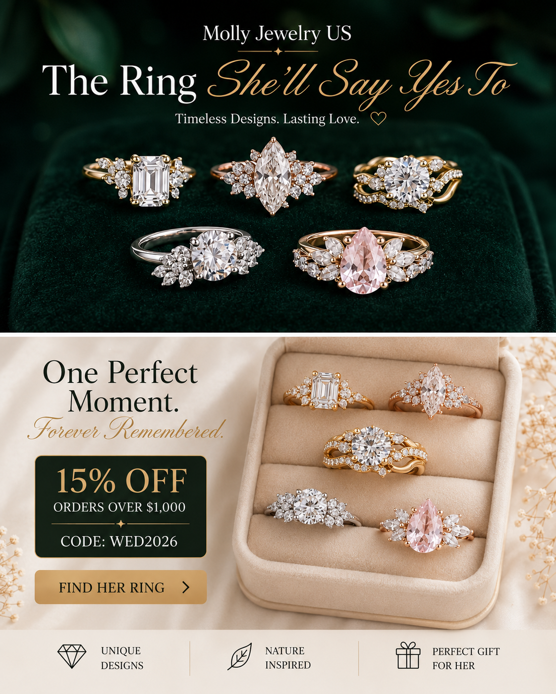 Molly Jewelry USA Facebook ad: 15% Off Wedding Jewelry Over $1,000