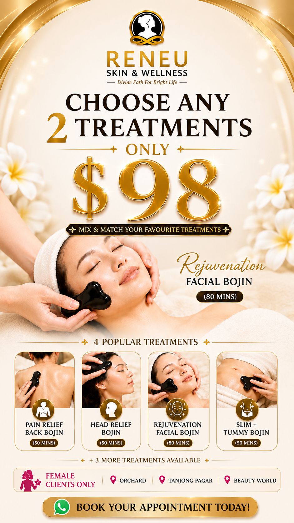 Reneu Skin & Wellness Facebook ad: 2 ๐ง๐ฟ๐ฒ๐ฎ๐๐บ๐ฒ๐ป๐๐ ๐ณ๐ผ๐ฟ $98 - ๐๐ถ๐บ๐ถ๐๐ฒ๐ฑ ๐ง๐ถ๐บ๐ฒ!