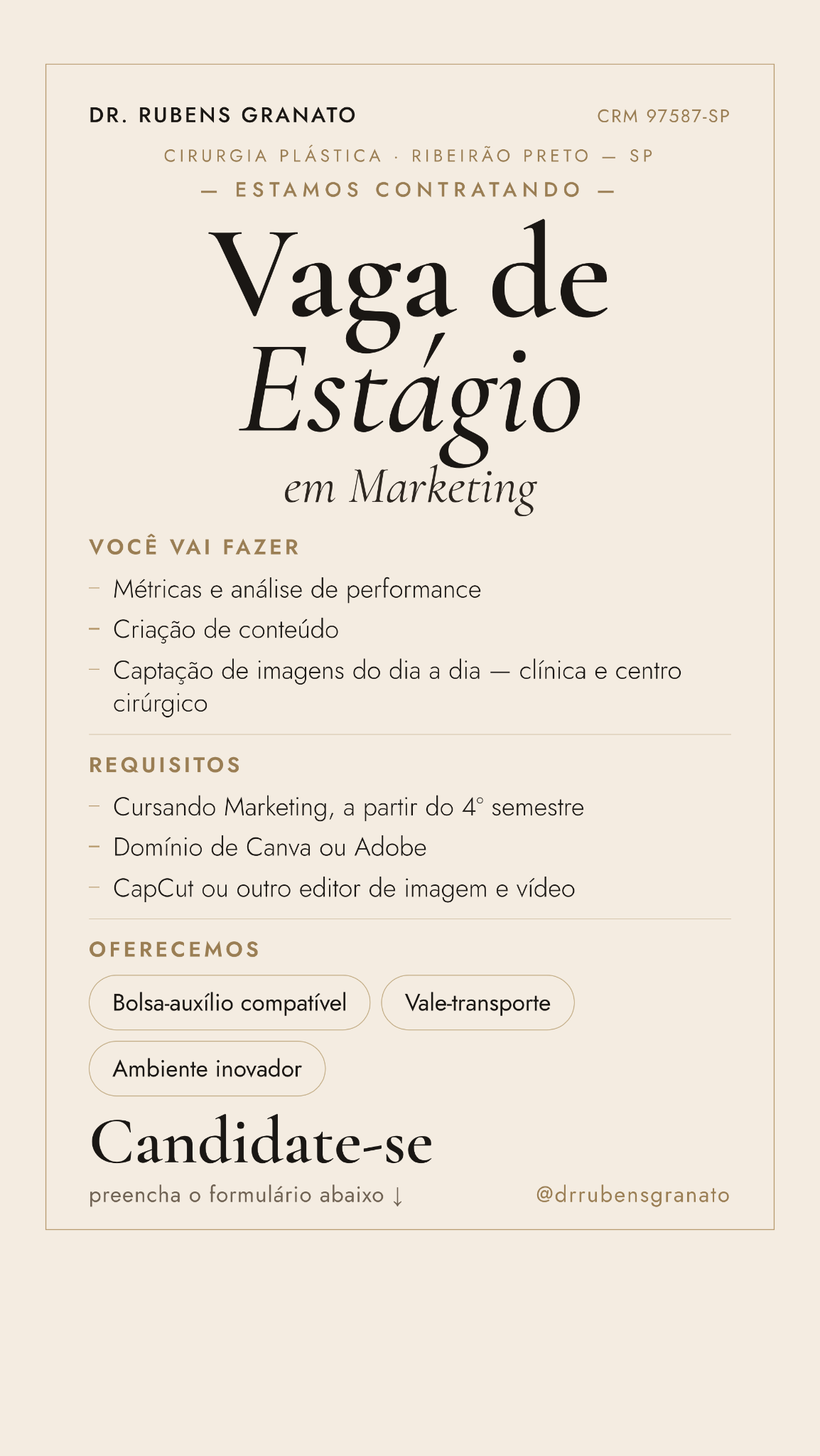 Rubens Granato Facebook ad: Estamos com vaga aberta para Estágio em Marketing…