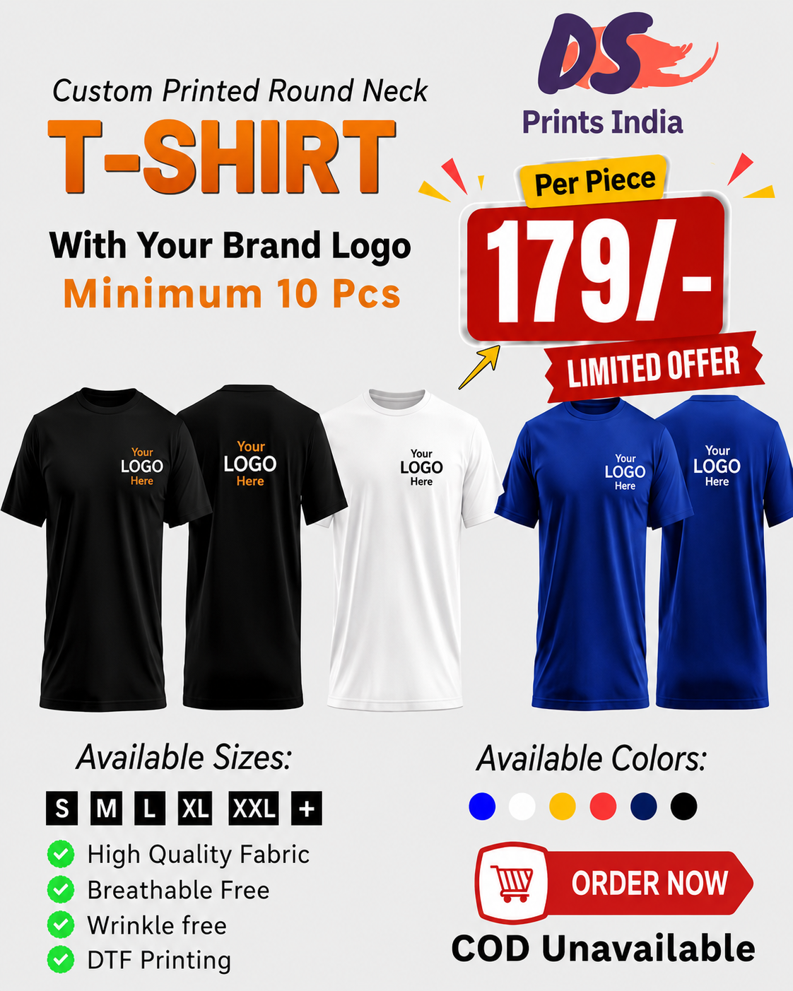 DS Prints India Facebook ad: Custom Logo T-Shirts from ₹179/Piece