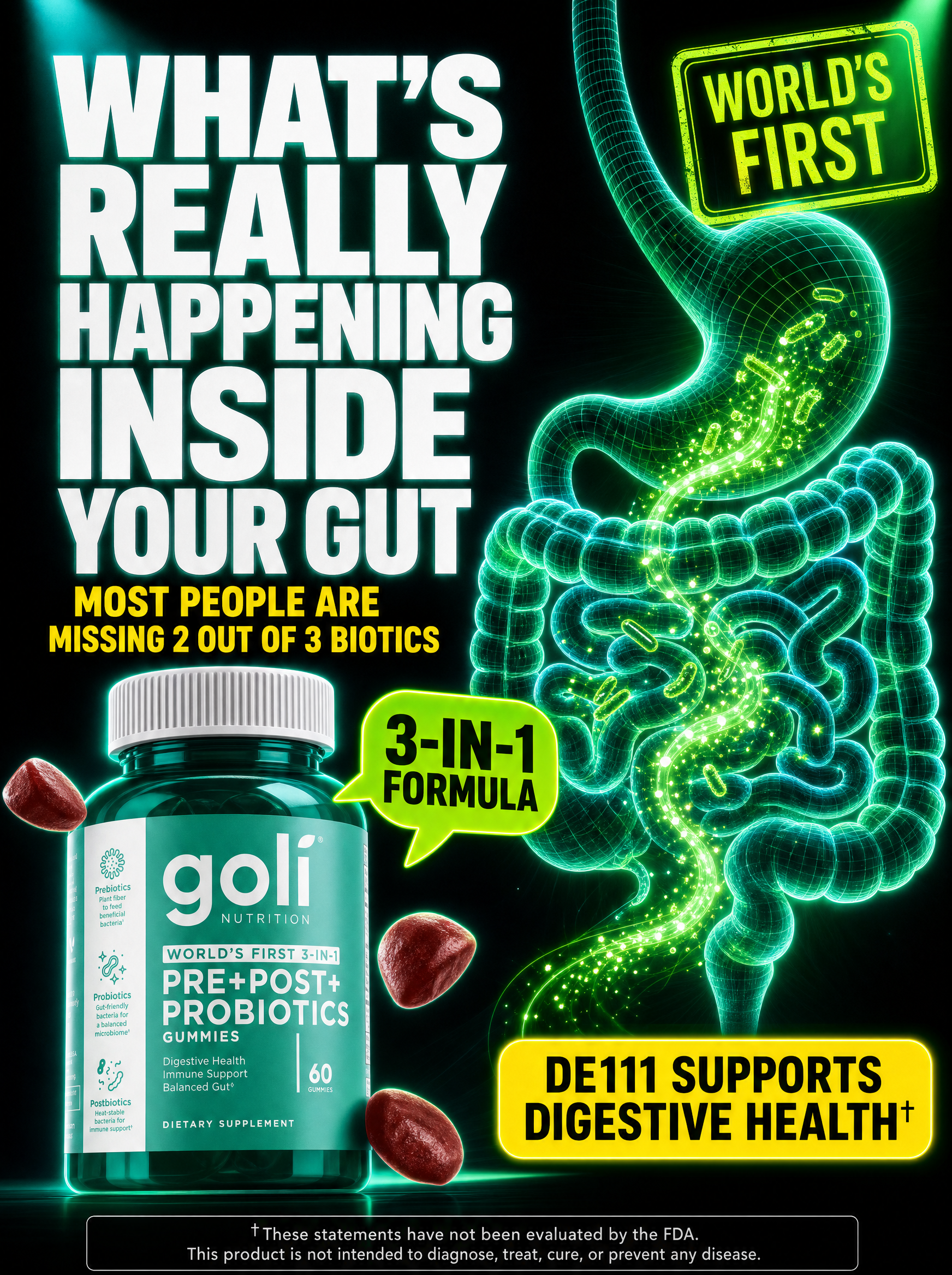 Goli Facebook ad: Three Biotics. One Gummy. World's First.