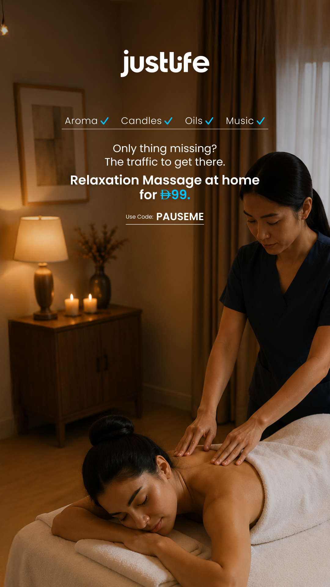 Justlife UAE Facebook ad: Skip The Spa Commute