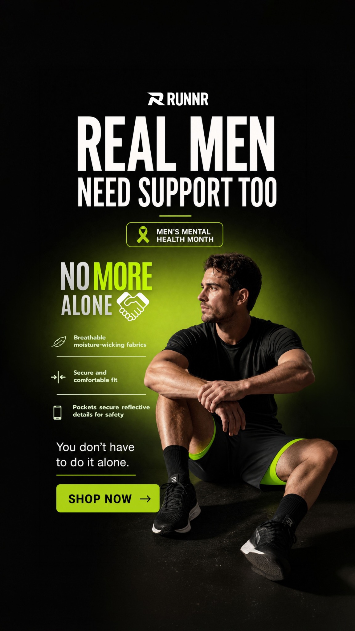 Runnr Active Facebook ad: Unlock for 70% off RUNNR Shorts. We Stay Here.