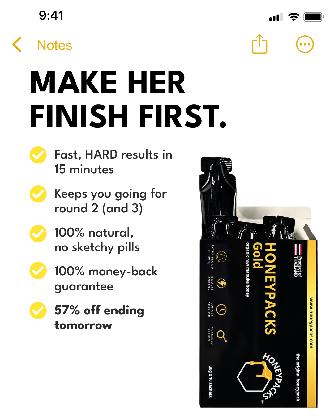 Honeypacks.com Facebook ad: The Honey That Turns Minutes To Hours
