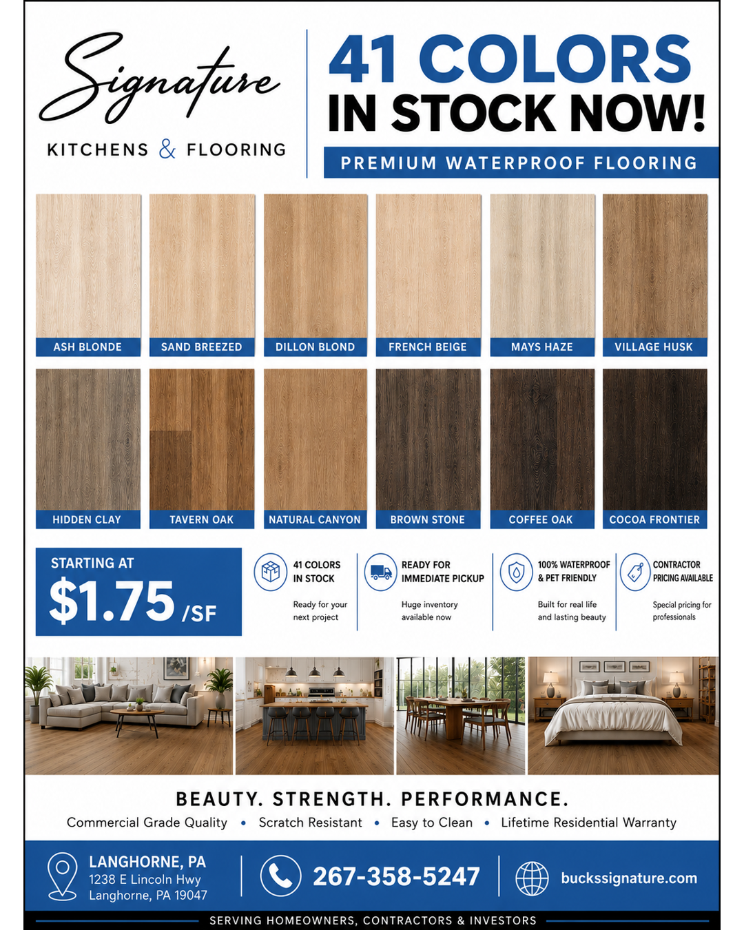 Signature Kitchens & Flooring Facebook ad: 41 Colors In Stock Starting At $1.75/SF