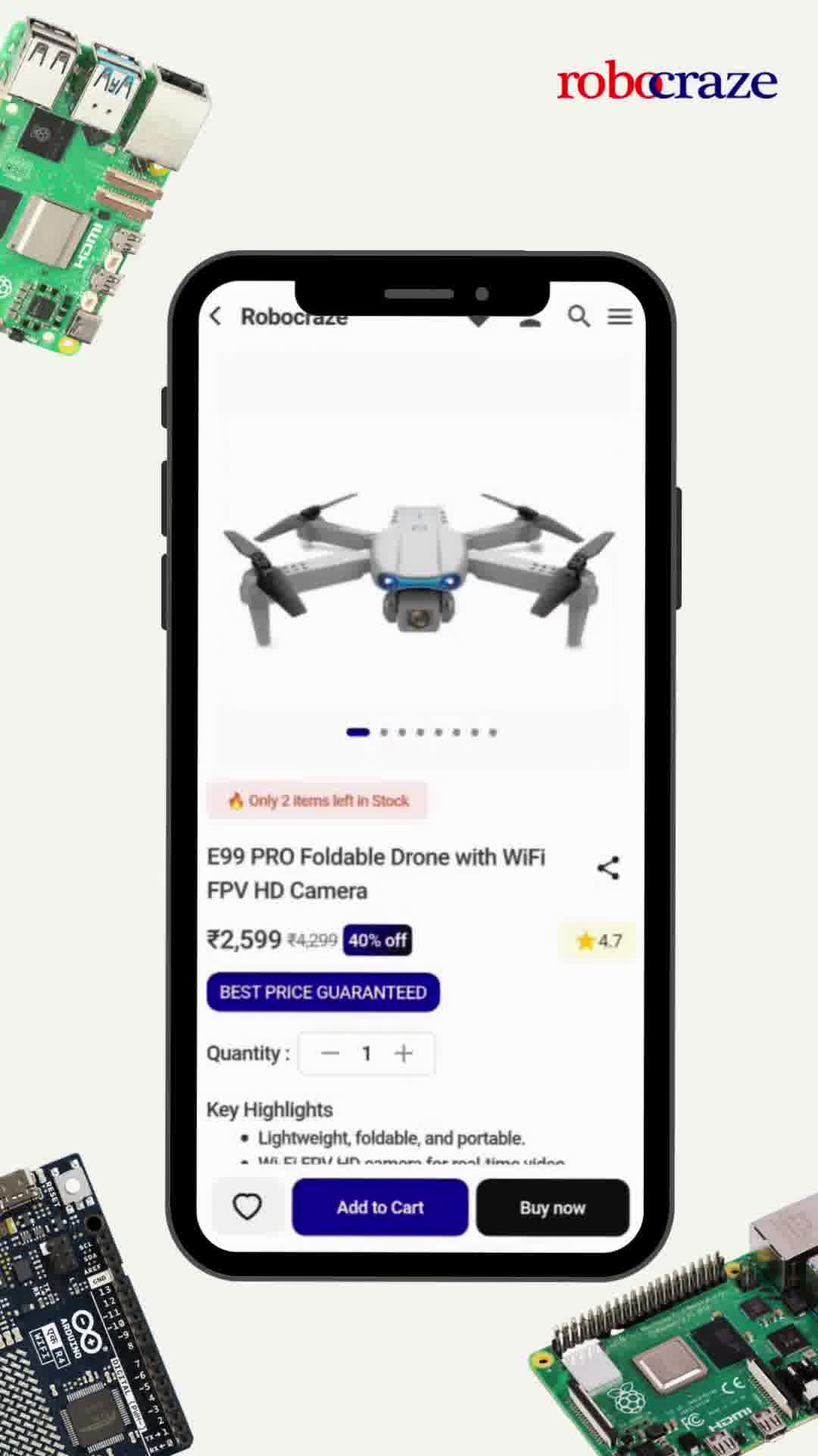Robocraze Facebook ad: Use Code: RCFIRST for 5% OFF