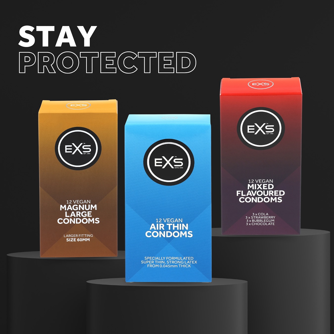 EXS Condoms South Africa Facebook ad: Big, Barely-There, or Bursting with Flavour.