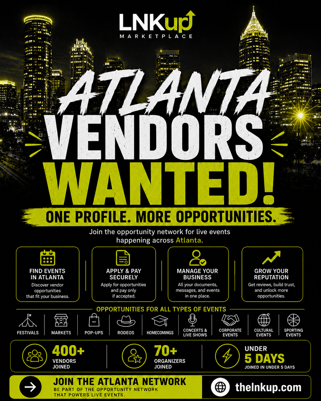 The LNKup Marketplace Facebook ad: Vendors Need Events. Events Need Vendors.