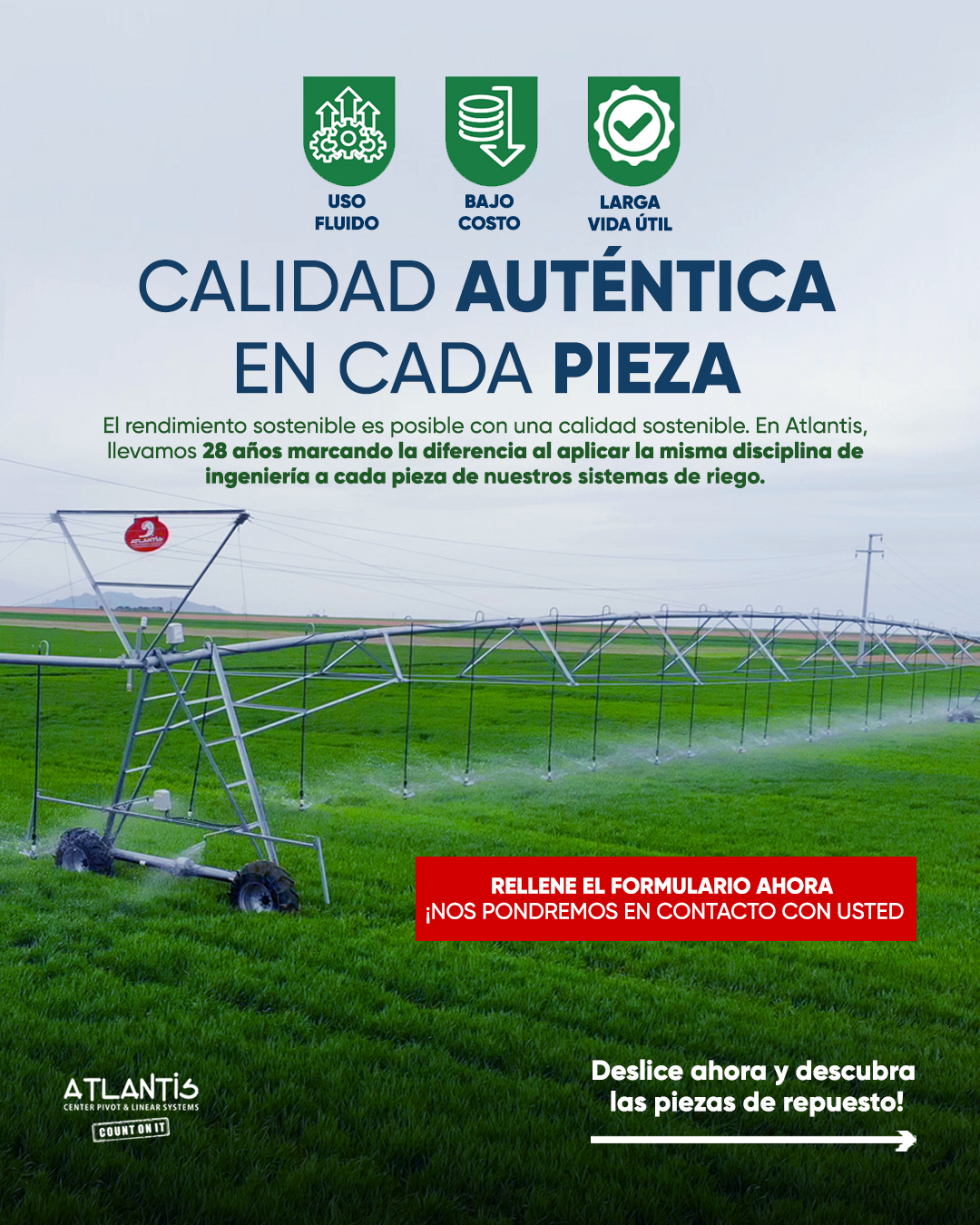Atlantis Center Pivot Facebook ad: ¡RECAMBIOS ORIGINALES, CALIDAD ÚNICA!