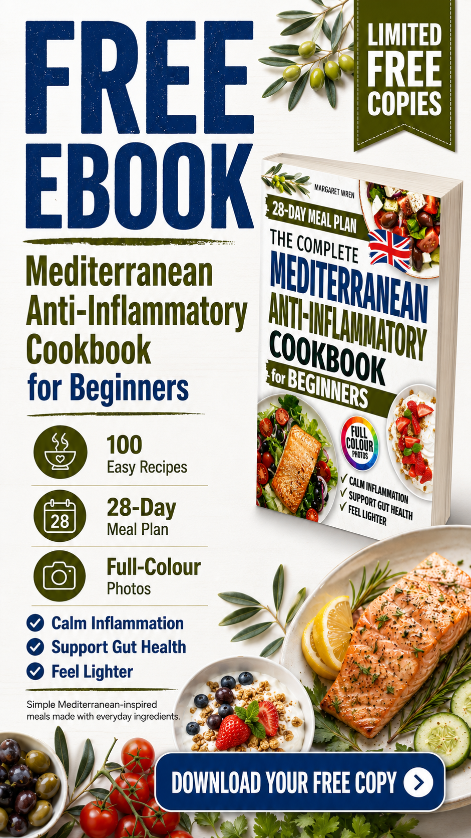 Margaret Wren Facebook ad: Get Your FREE Mediterranean Anti-Inflammatory Cookbook