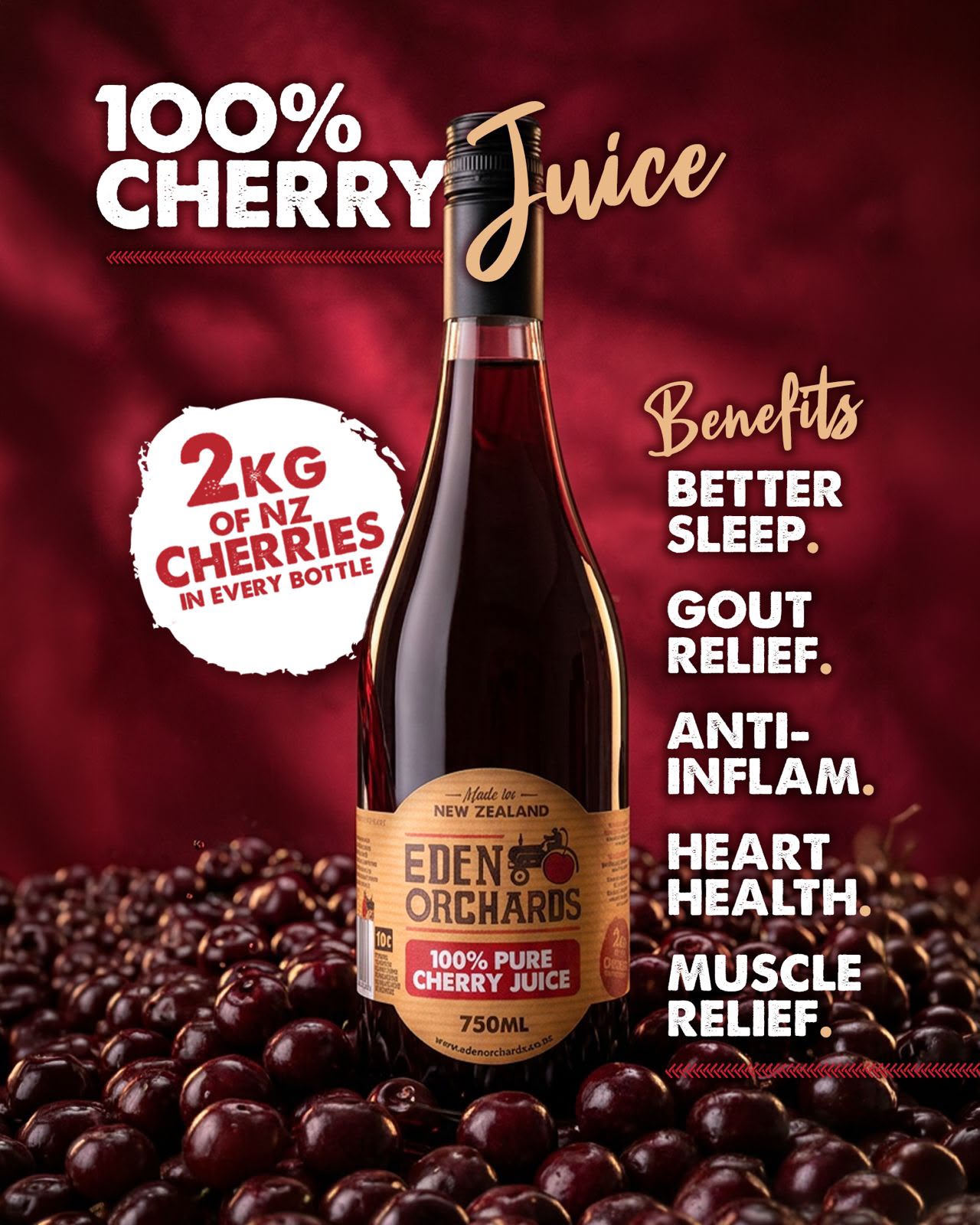 Eden Orchards Facebook ad: 100% Pure NZ Cherry Juice