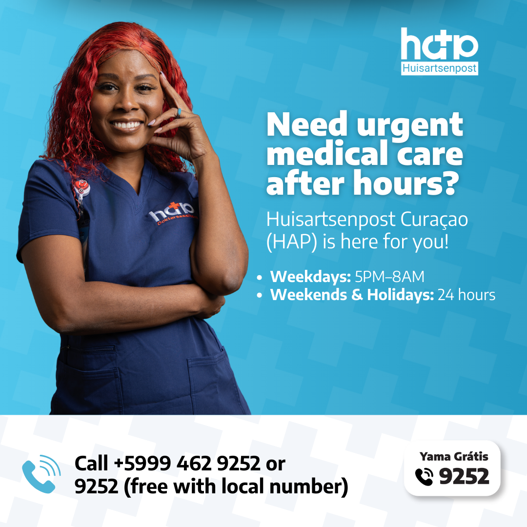 Huisartsenpost Curaçao Facebook ad: We’re here for you during nights, weekends &…