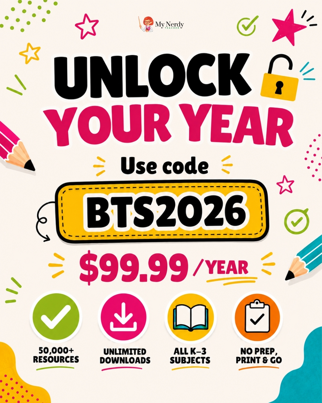 My Nerdy Teacher by Alina V Facebook ad: Use BTS2026 at Checkout for $19 OFF