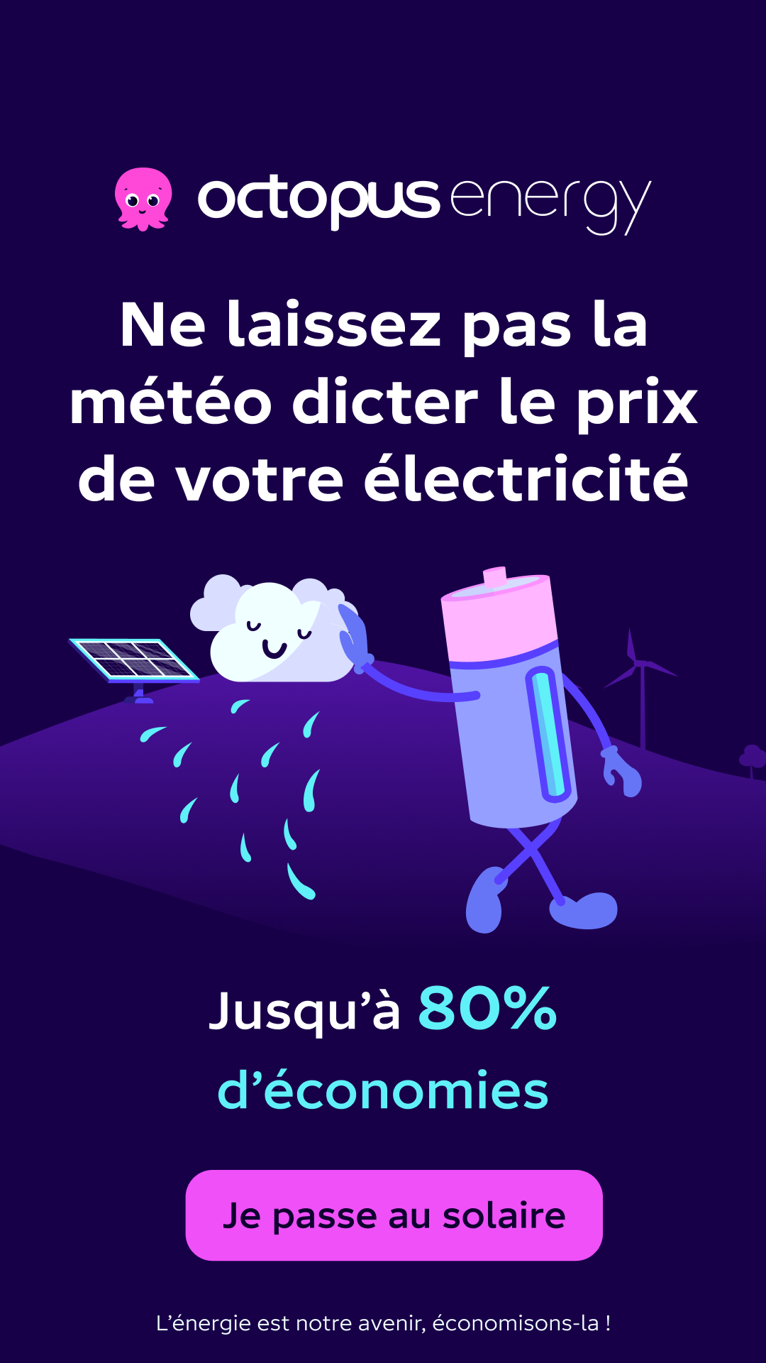 Octopus Energy Facebook ad: Jusqu'à 80% d'économies, même par temps couvert