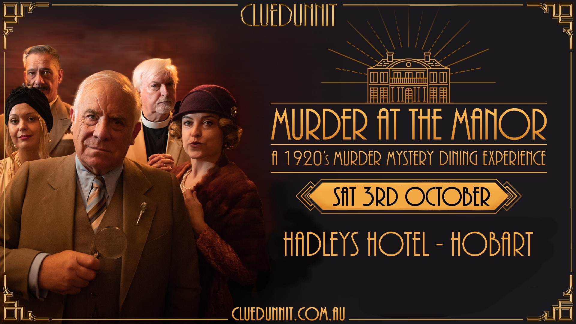 Cluedunnit Australia Facebook ad: Cluedunnit | MURDER AT THE MANOR | Murder Mystery Dinner |…
