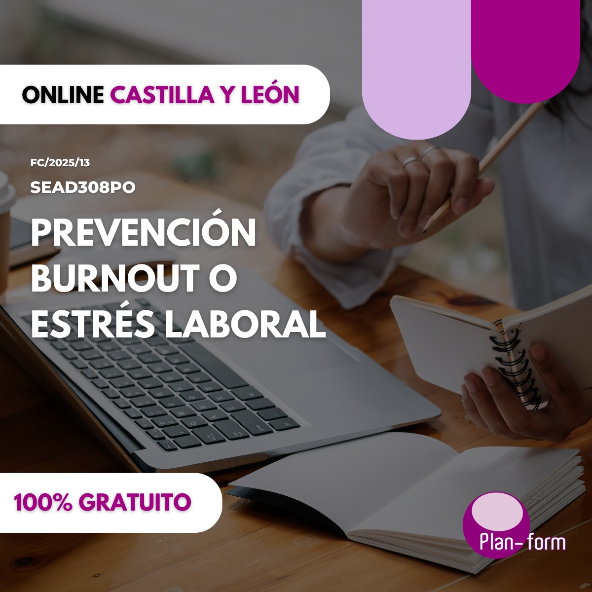 Planform Facebook ad: Curso gratuito de prevención del burnout