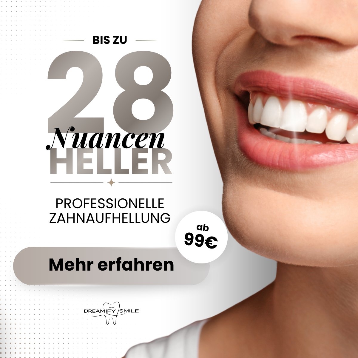 Dreamify Smile Facebook ad: NEU: Weiße Zähne in 60 Minuten. Schmerzfrei…