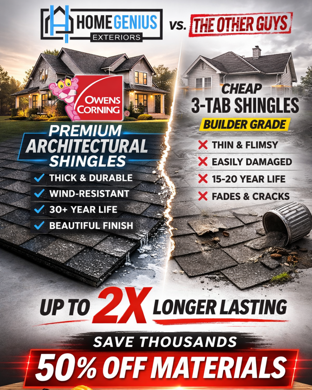 Home Genius Exteriors Facebook ad: Get 50% OFF Materials On A Roof Replacement