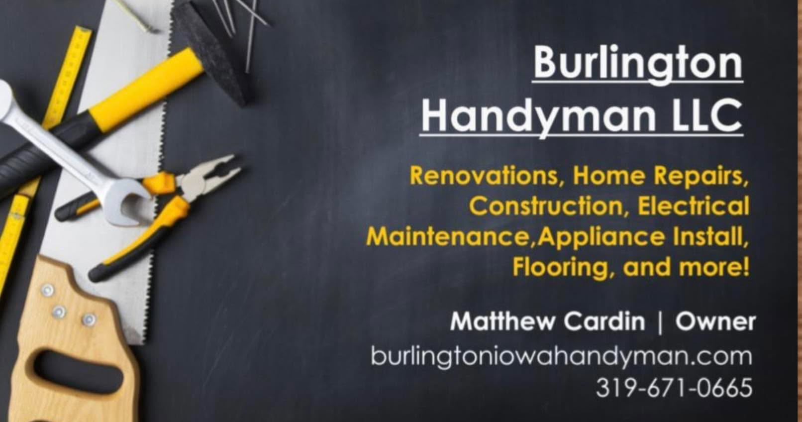 Burlington Handyman & Contracting LLC Facebook ad: Services include bathroom remodels, home repairs, decks…