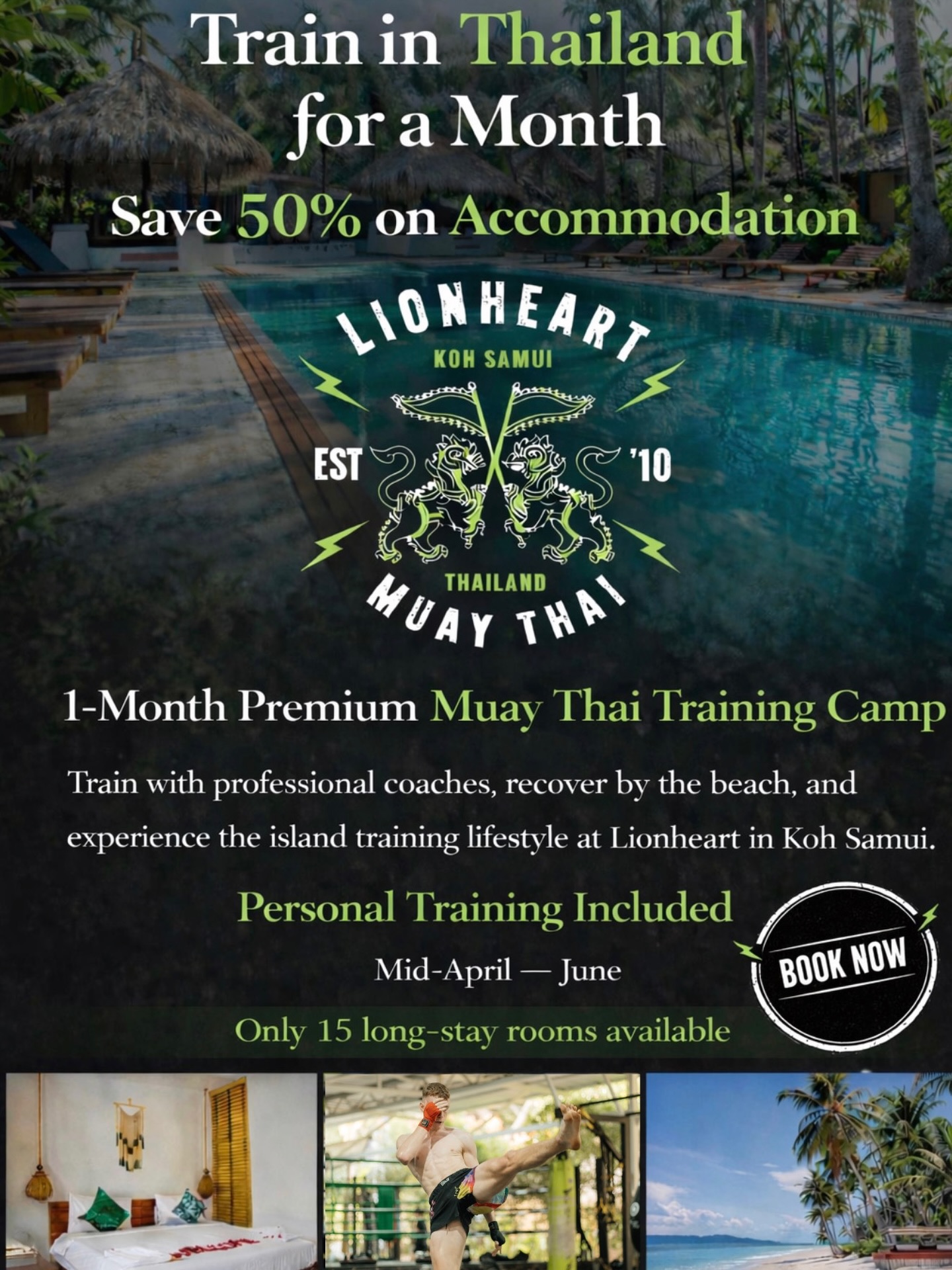 Lionheart Muay Thai Koh Samui Facebook ad: 50% off accommodation this Season