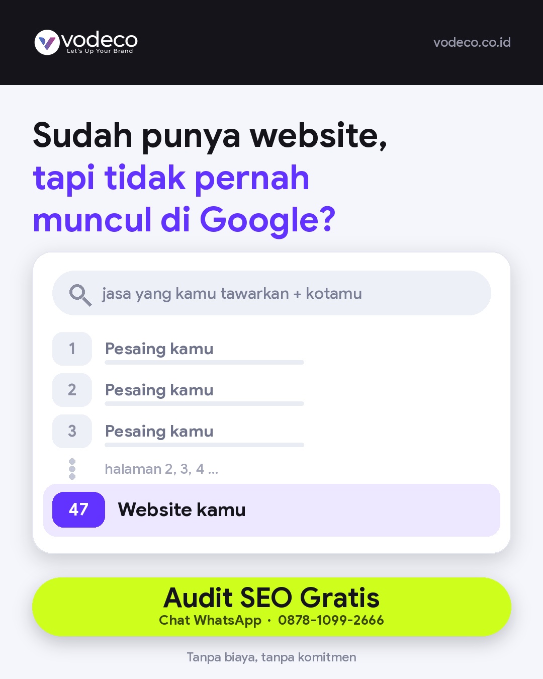 Vodeco Facebook ad: Audit SEO Gratis, Cek Posisi Website Kamu
