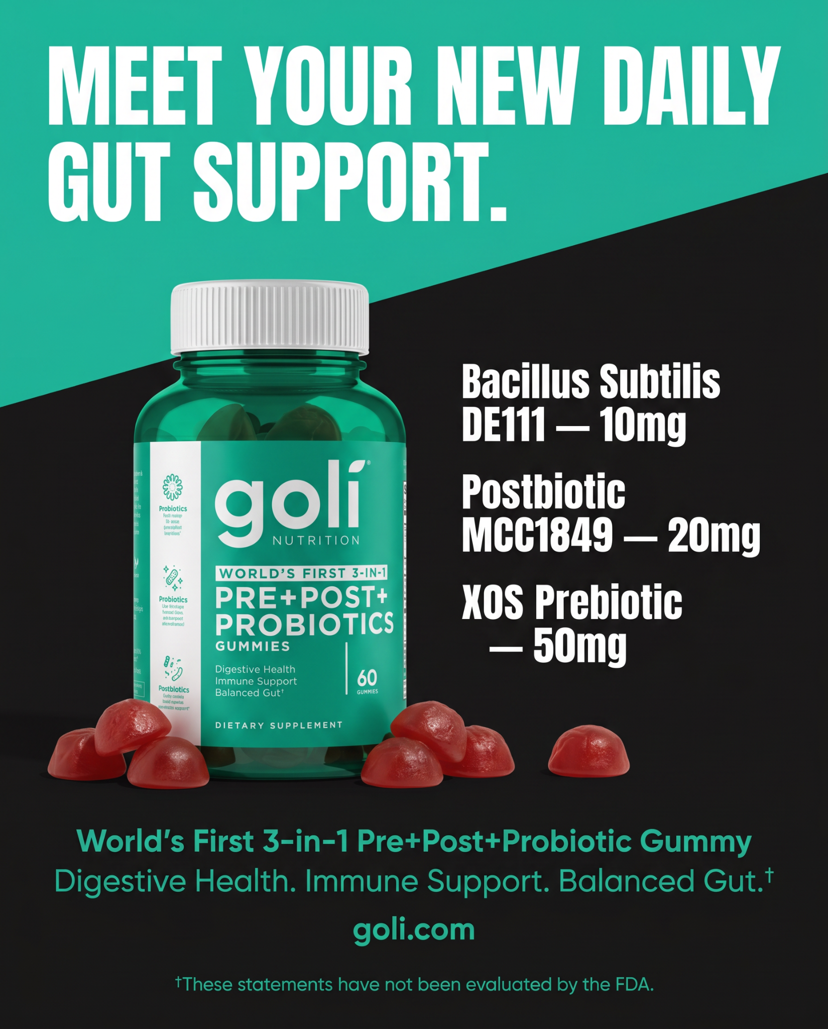 Goli Facebook ad: World's First 3 in 1 Probiotic Gummy