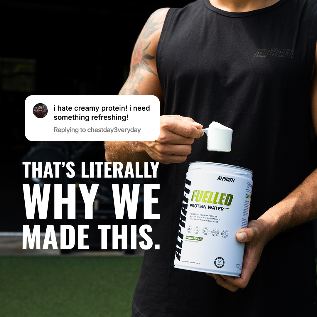 AlphaFit Supplements Facebook ad: 20g Protein. Zero Heaviness. Clinically Studied.