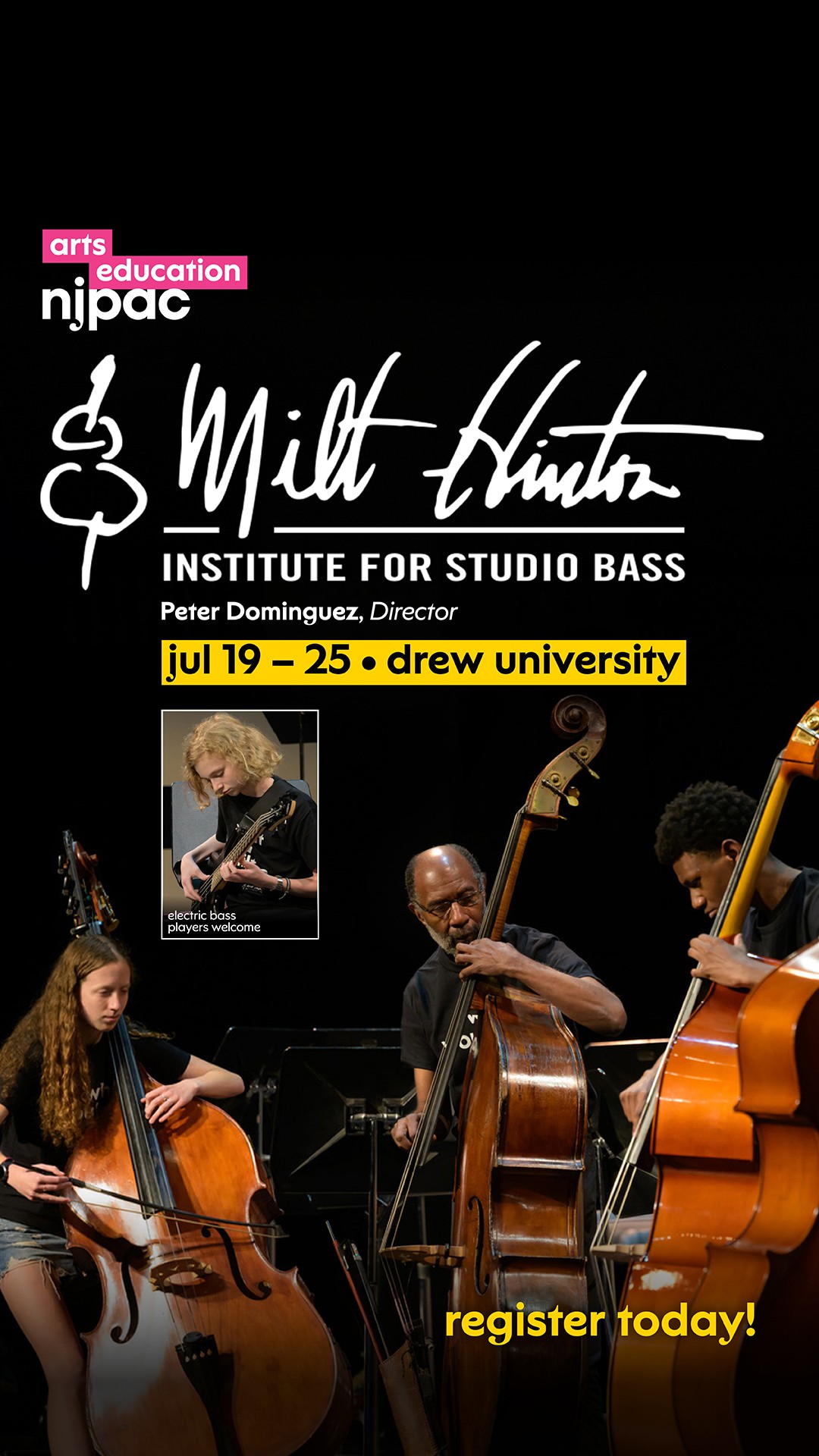 New Jersey Performing Arts Center (NJPAC) Facebook ad: Enrollment is open for bassists aged 14-18, across…