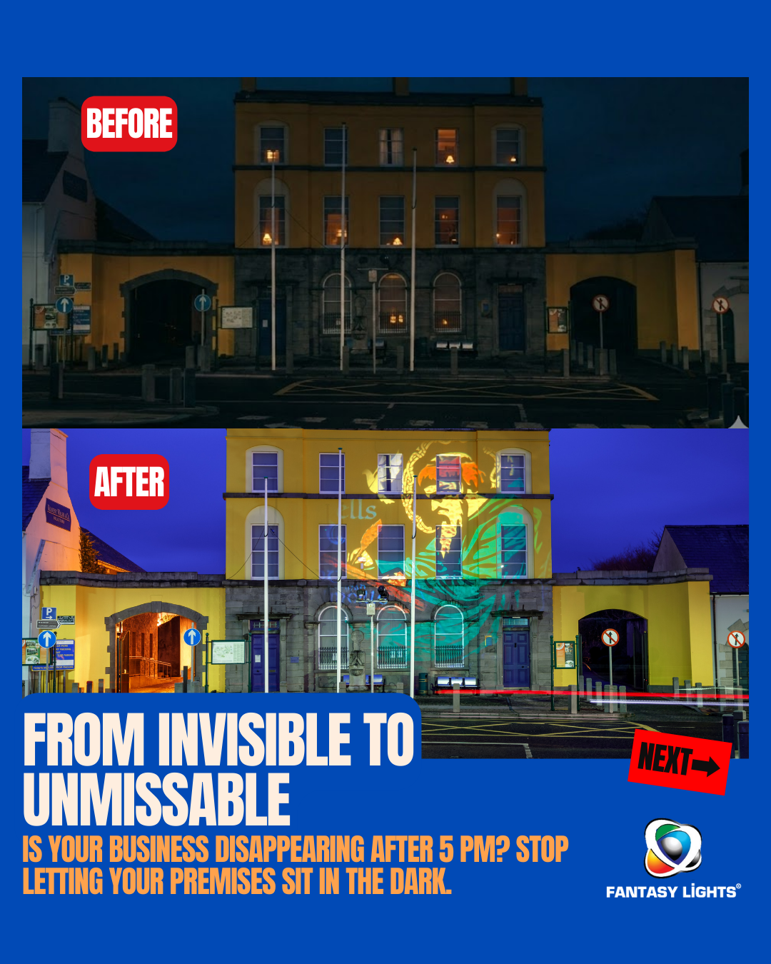 Fantasy Lights Facebook ad: Your building is the biggest billboard your business…