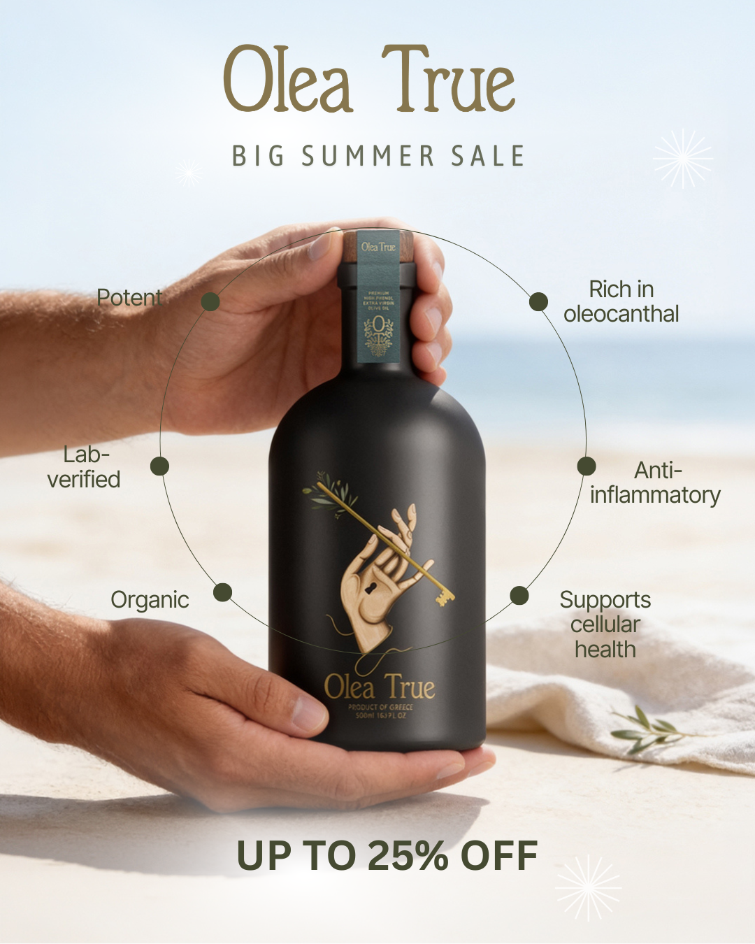 Olea True Facebook ad: Beyond Extra Virgin. Measured.