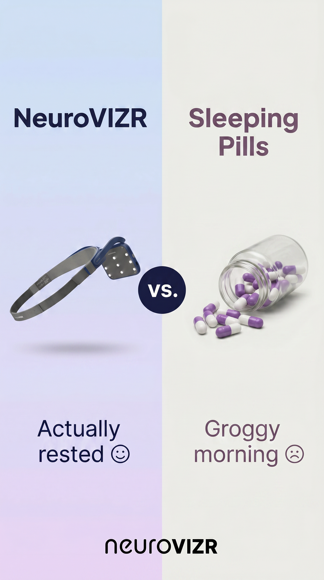NeuroVizr Facebook ad: Actually Rested vs. Groggy Morning. You Choose.