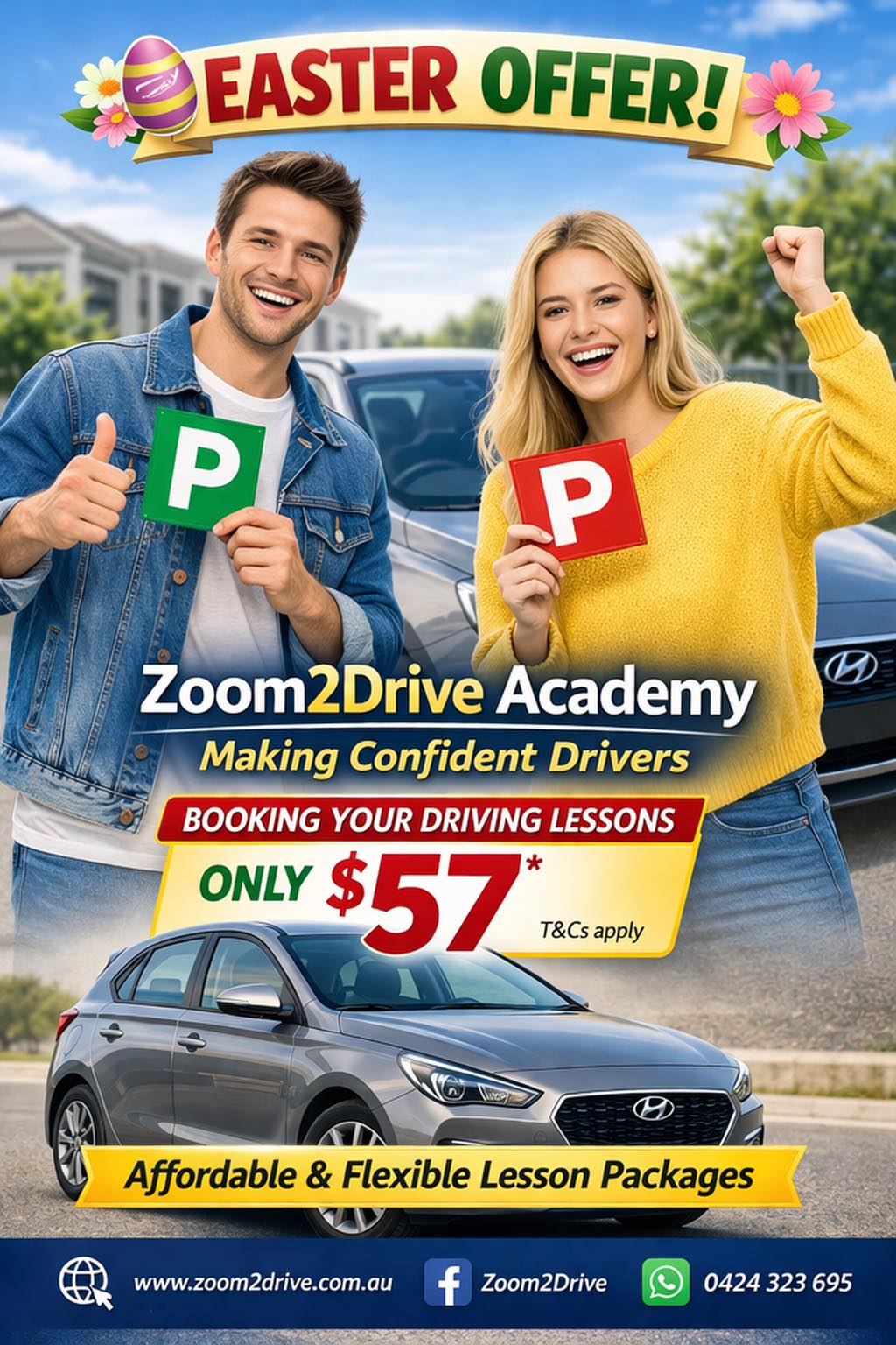 ZoomTwo Driveacademy Facebook ad: Affordable & flexible driving lesson packages available now.