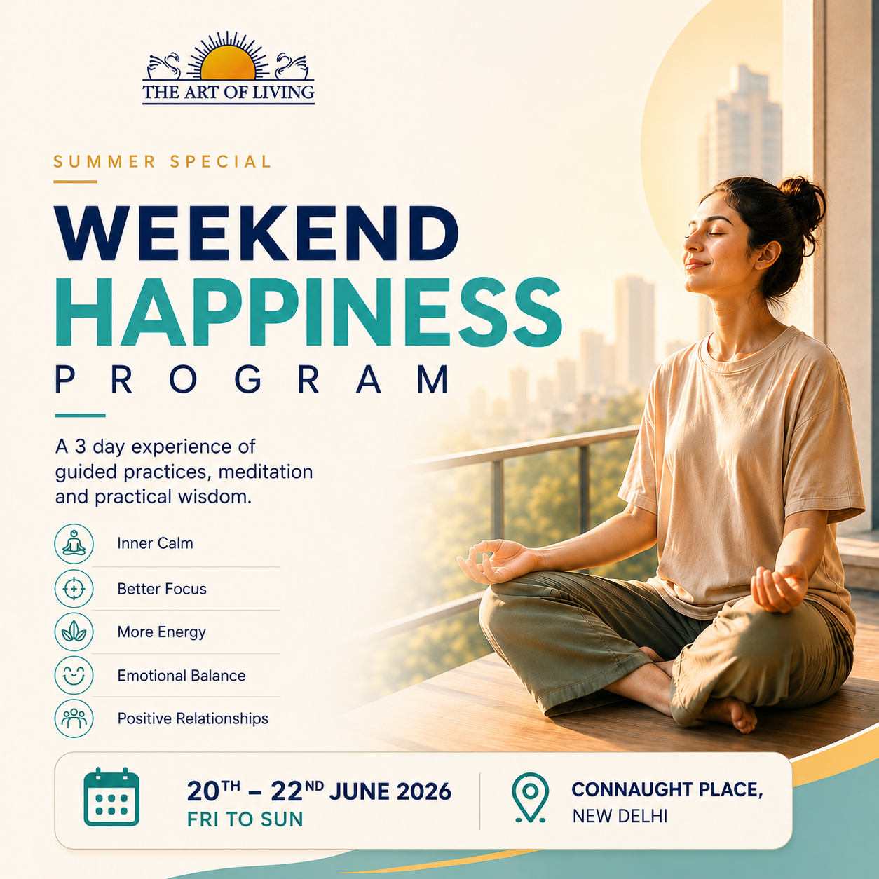 The Art of Living Facebook ad: Summer Special | 3 Day Happiness Program by The Art of…