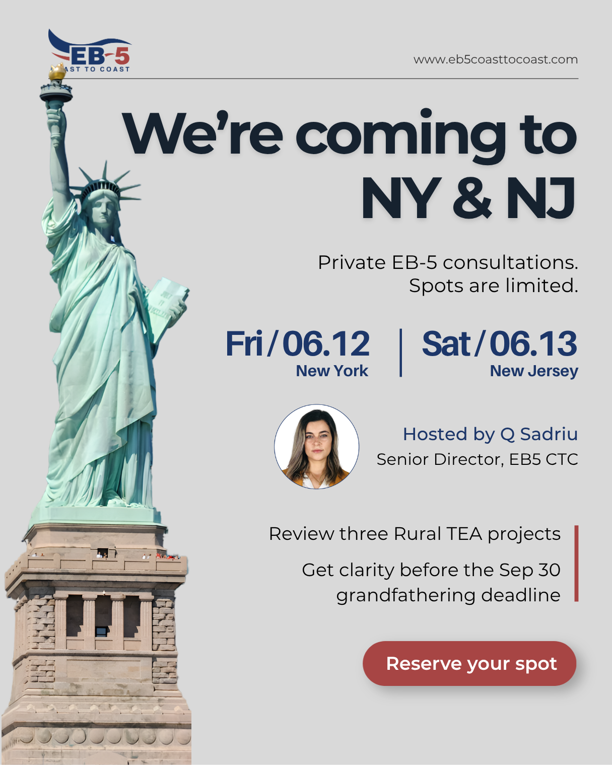 EB-5 Coast to Coast Facebook ad: We're coming to NY & NJ - June 12 & 13