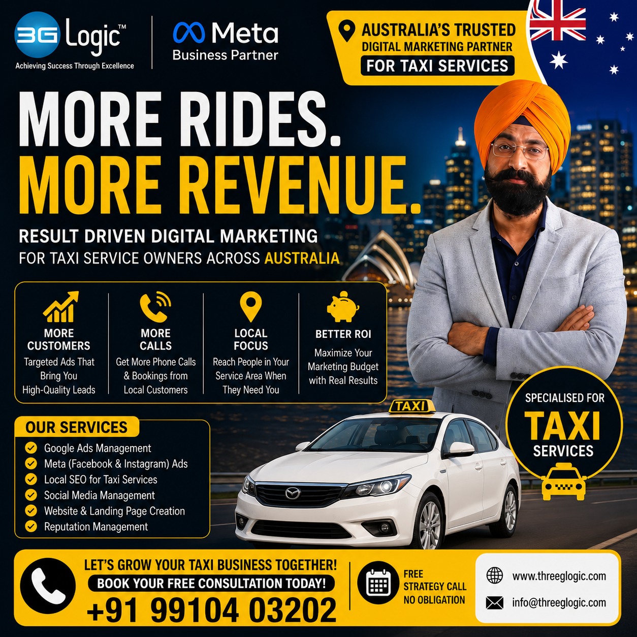 Three G Logic Infotech Pvt. Ltd Facebook ad: Get More Taxi Bookings Across Australia