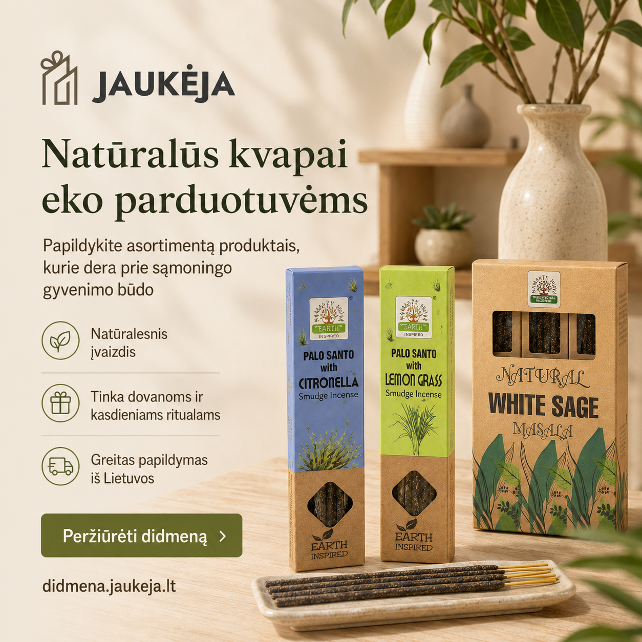 Jaukeja.lt Facebook ad: Natūralūs kvapai jūsų eko parduotuvei