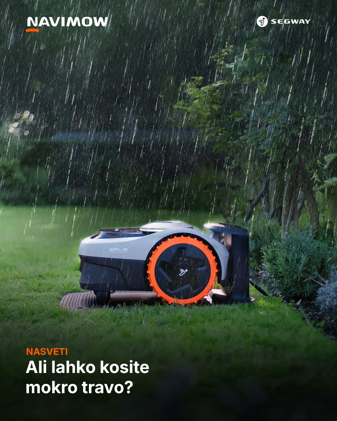 Navimow Shop Facebook ad: Ali lahko kosite mokro travo?