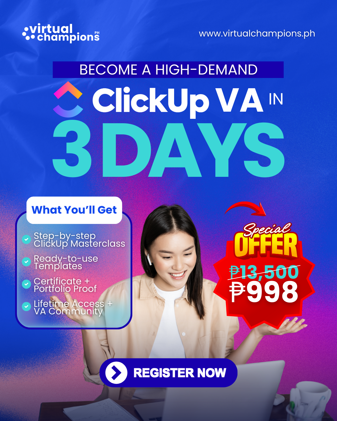 Virtual Champions PH Facebook ad: Become a high-demand ClickUp VA in 3 days