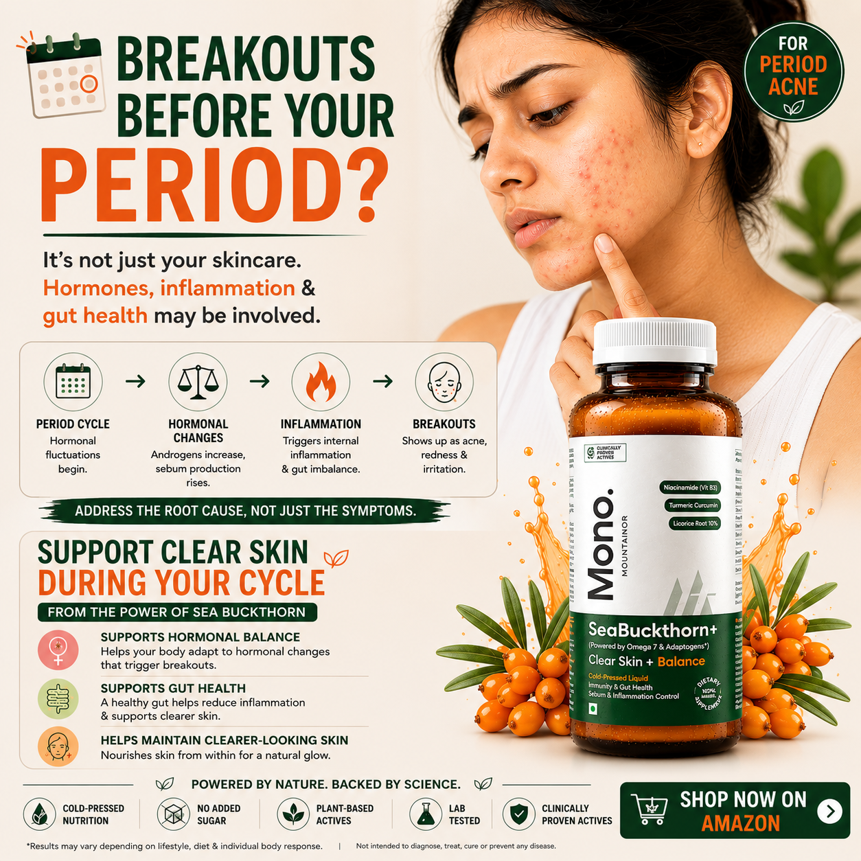 Monoskin.health Facebook ad: Period Acne? Look Beyond Skincare