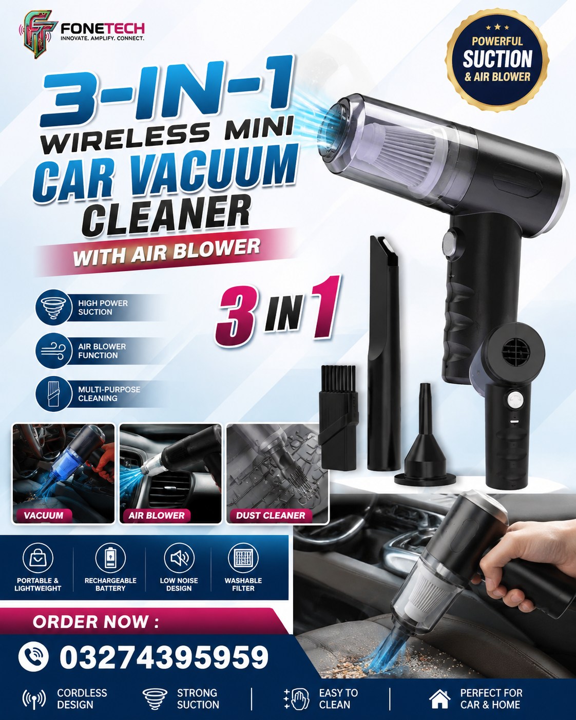 FoneTech Pakistan Facebook ad: 3-in-1 Wireless Mini Car Vacuum Cleaner with Air Blower
