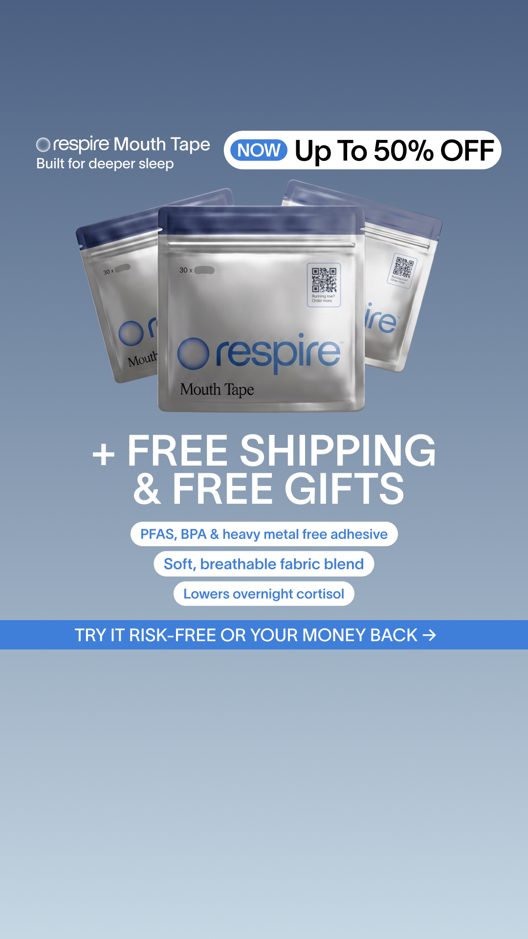 Try Respire Facebook ad: Up To 50% Off Storewide | Mouth Tape
