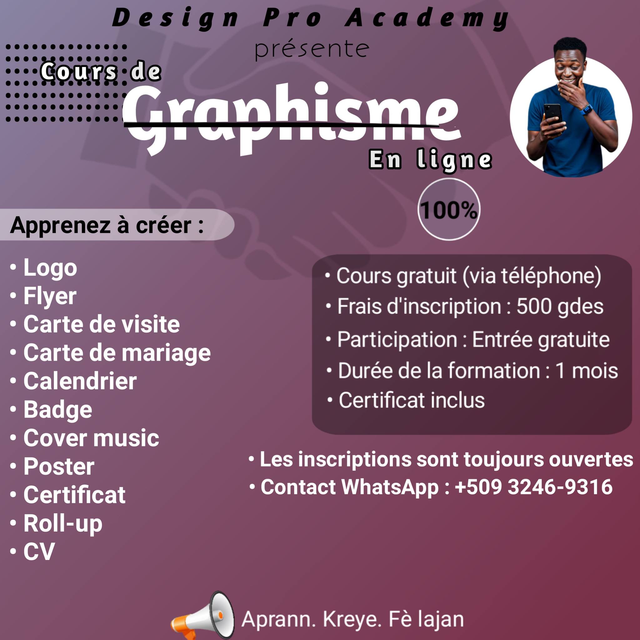 Design Pro Academy Facebook ad: Formation pratique en Graphisme sur téléphone.
