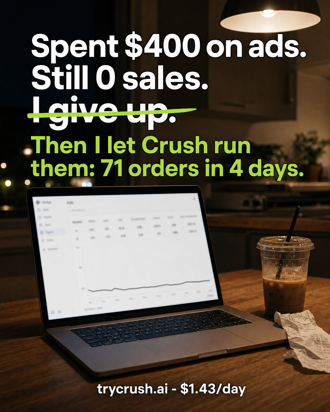trycrush.ai Facebook ad: Spent $400 on ads. Still 0 sales.